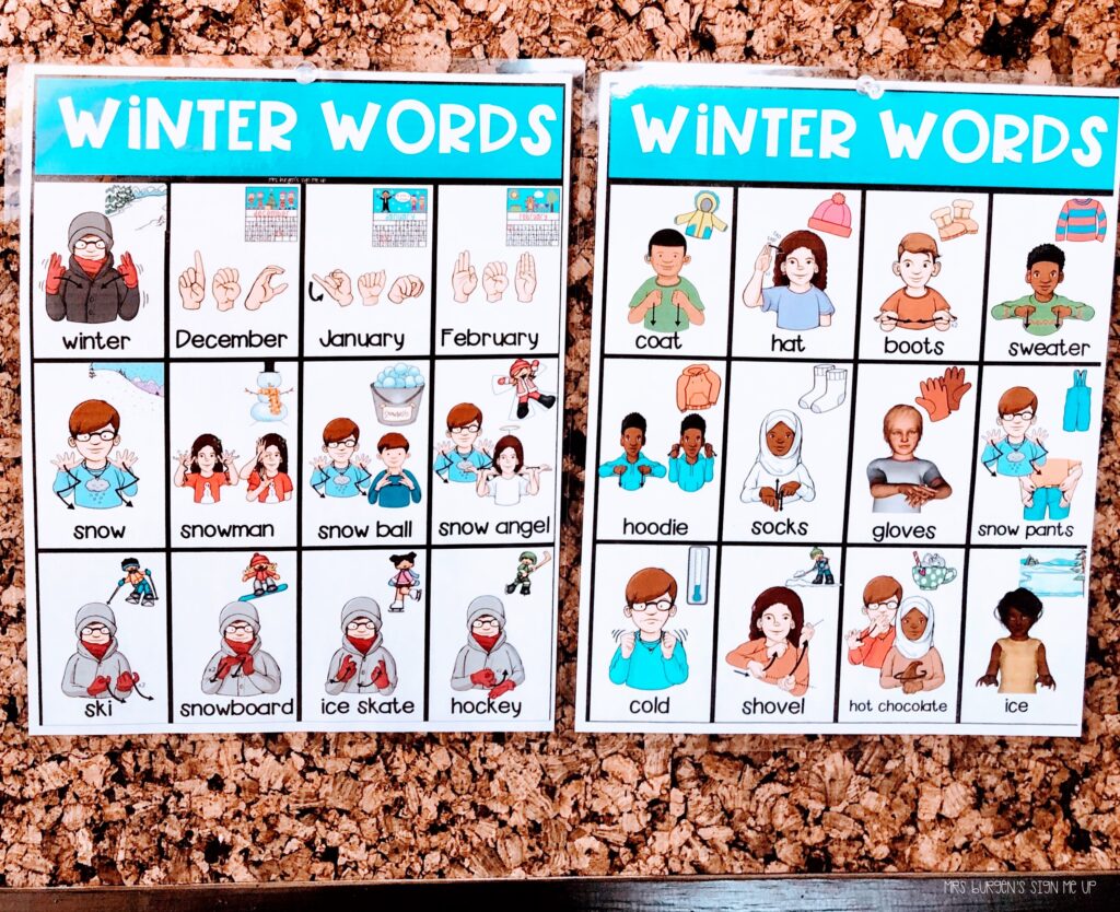 ASL winter vocabulary words  on a chart.  Includes the words winter, December, January, February, snow, snowman, snowball, snow angel, ski, snowboard, ice skate, hockey, coat, hat, boots, sweater, hoodie, socks, gloves, snow pants, cold, shovel, hot chocolate, ice