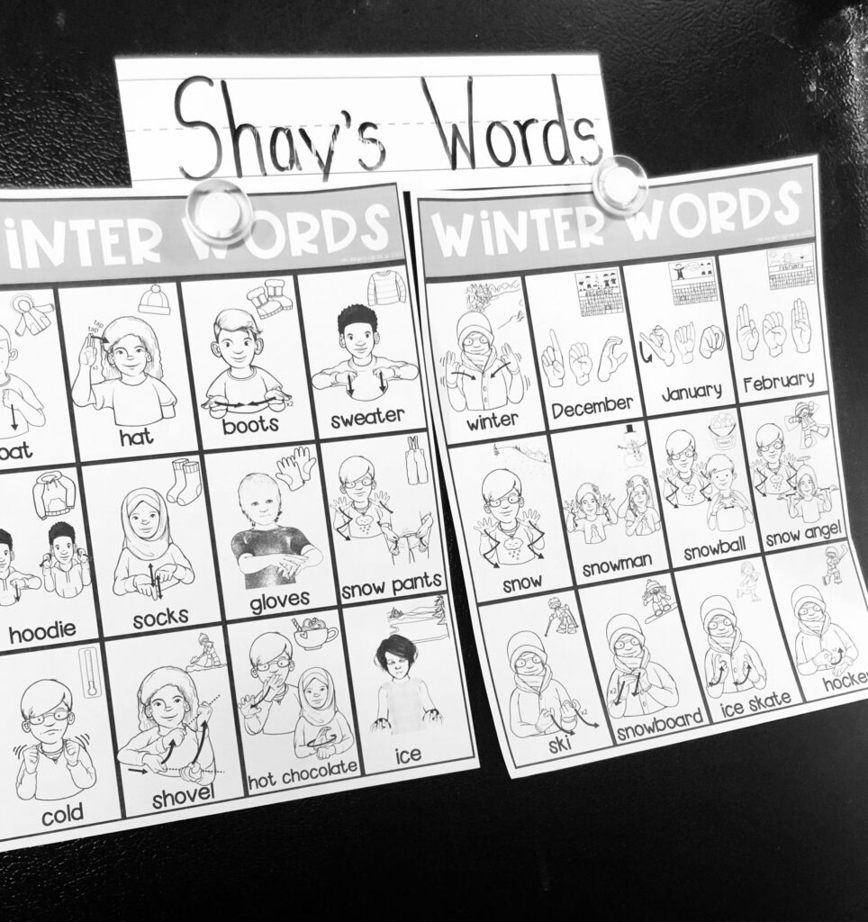 ASL Winter vocabulary anchor charts in black and white.