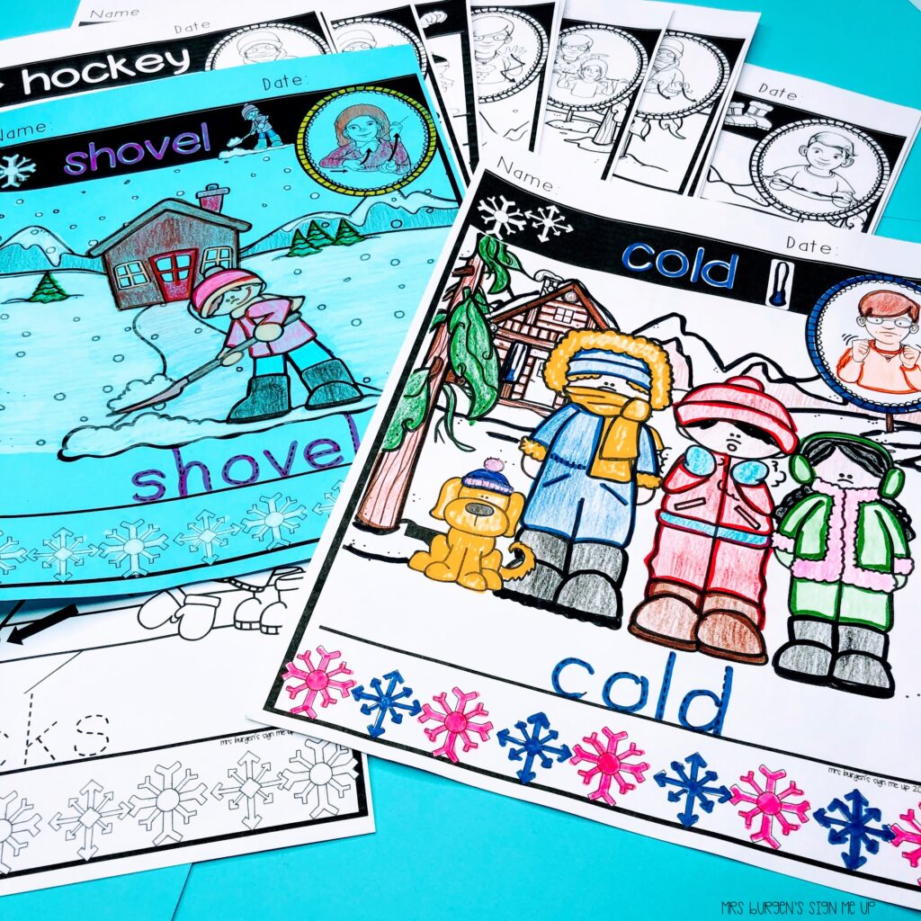 coloring pages featuring ASL Winter vocabulary.  Two pages titled shovel and cold that have been colored with markers and colored pencils