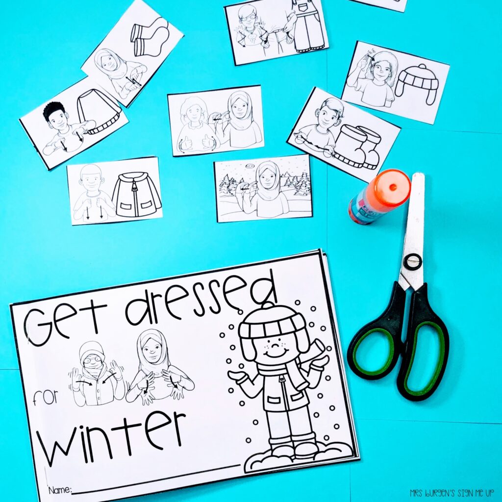 American Sign Language and English vocabulary on a small book titled, Getting Dressed for Winter.  ASL Winter vocabulary is featured
