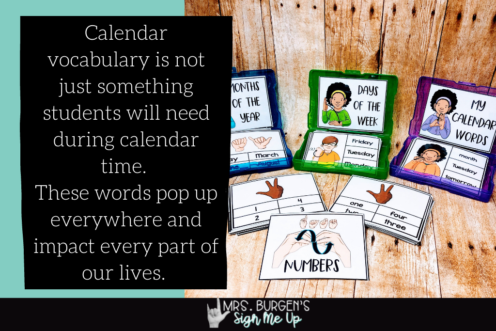 Text: Calendar Vocabulary is not just something students will need during calendar time.  These words pop up everywhere and impact every part of our lives.
Photo: calendar time activities in the form of task cards to practice days of the week, months of the year, numbers and calendar words. 