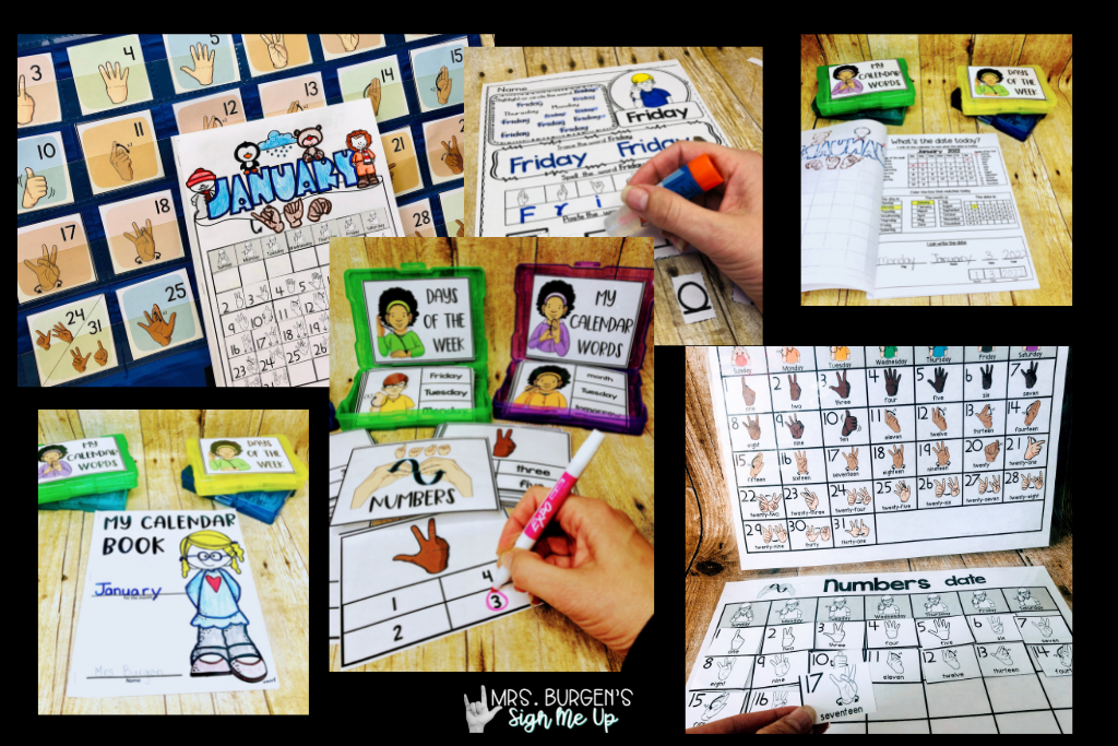 a variety of photos showing calendar time worksheets and activities.
a calendar, task cards, putting numbers 1-31 in order. 
